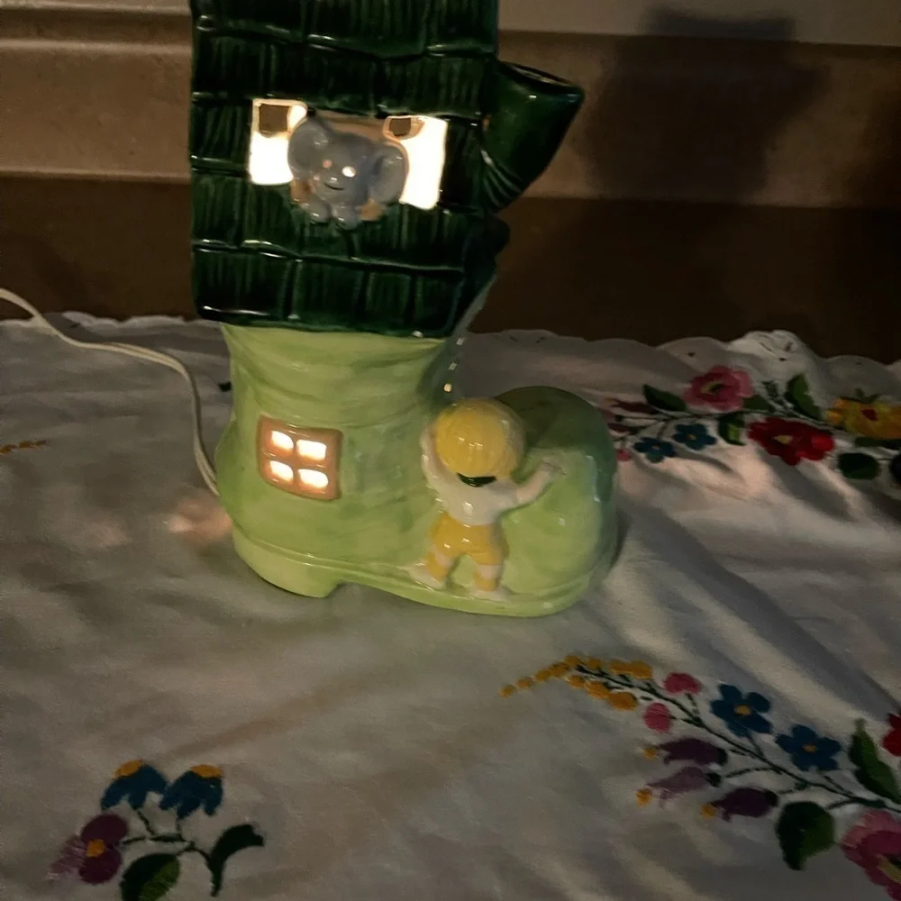 Vintage Boot Nursery Lamp Green Ceramic Works Old Woman Who Lives In A Shoe.